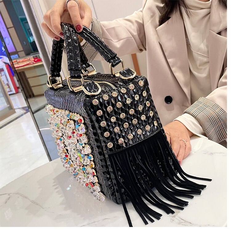 New Luxury Fashion Brand Women&#39;s Handbag Genuine Leather Tassel Fashion Rhinestone Large Capacity Female Shoulder Crossbody Bags - Executive-Skincare