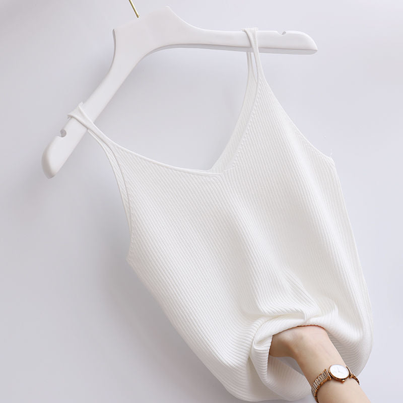 YEMOGGY Ice Silk Knit Camisole for Women Summer Tops 2022 New Solid V-Neck Skinny Elastic Knitted Suspender Camis Women&#39;s Tanks - Executive-Skincare