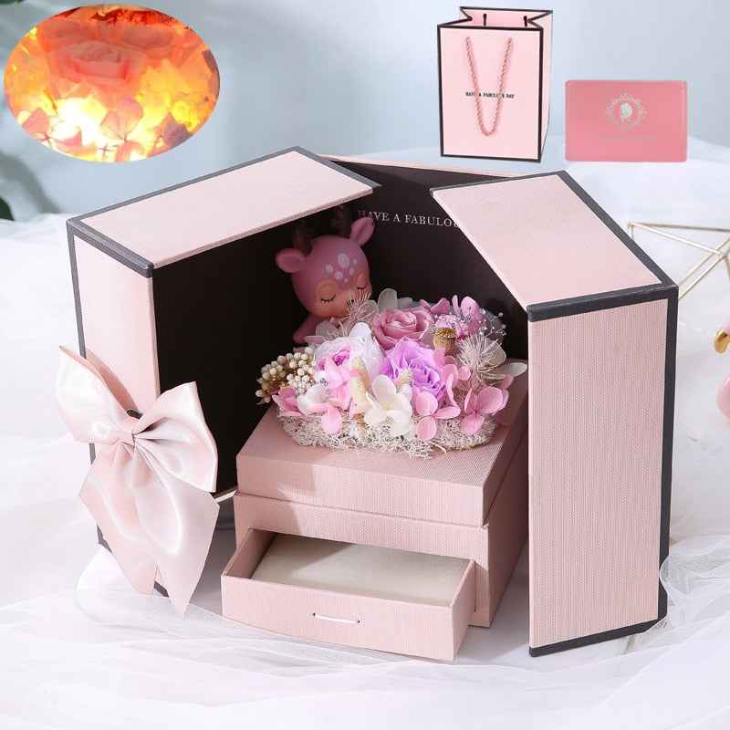 Luminous Preserved Flower Box Light Up Rose Bear Gift Box Artificial Flower Valentines Day Birthday Anniversary Girlfriend Gift - Executive-Skincare