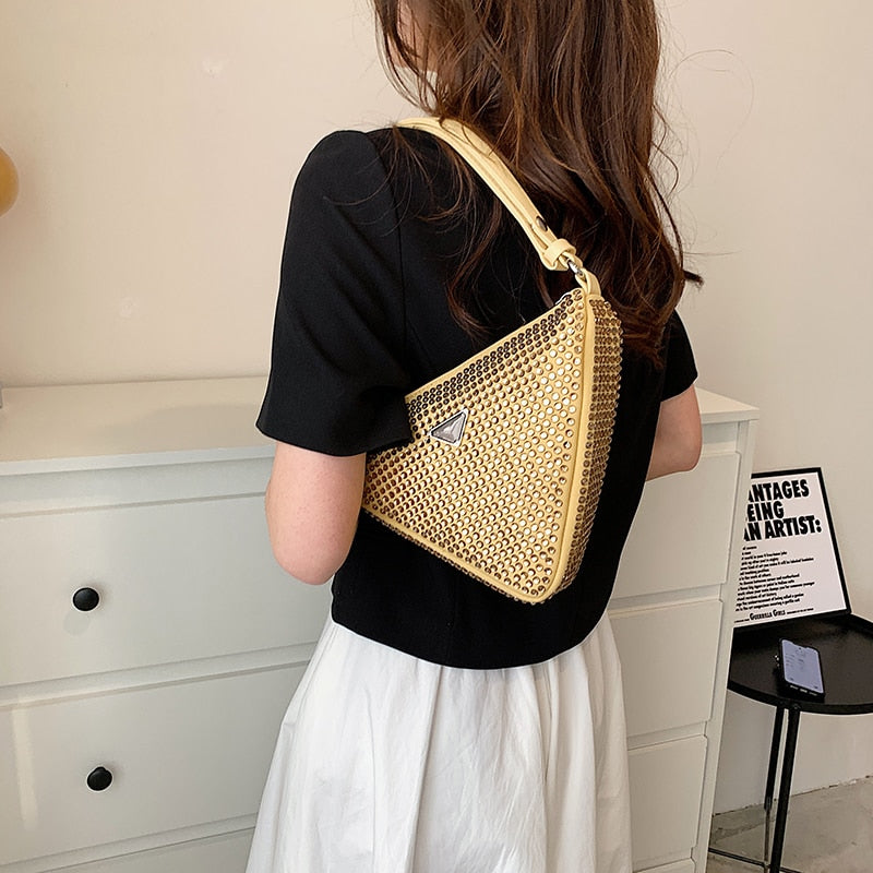 Luxury Zircon Nylon Shoulder Crossbody Triangle Bags For Women 2022 Solid Women&#39;s Designer Small Handbag Female Trend Armpit Bag - Executive-Skincare