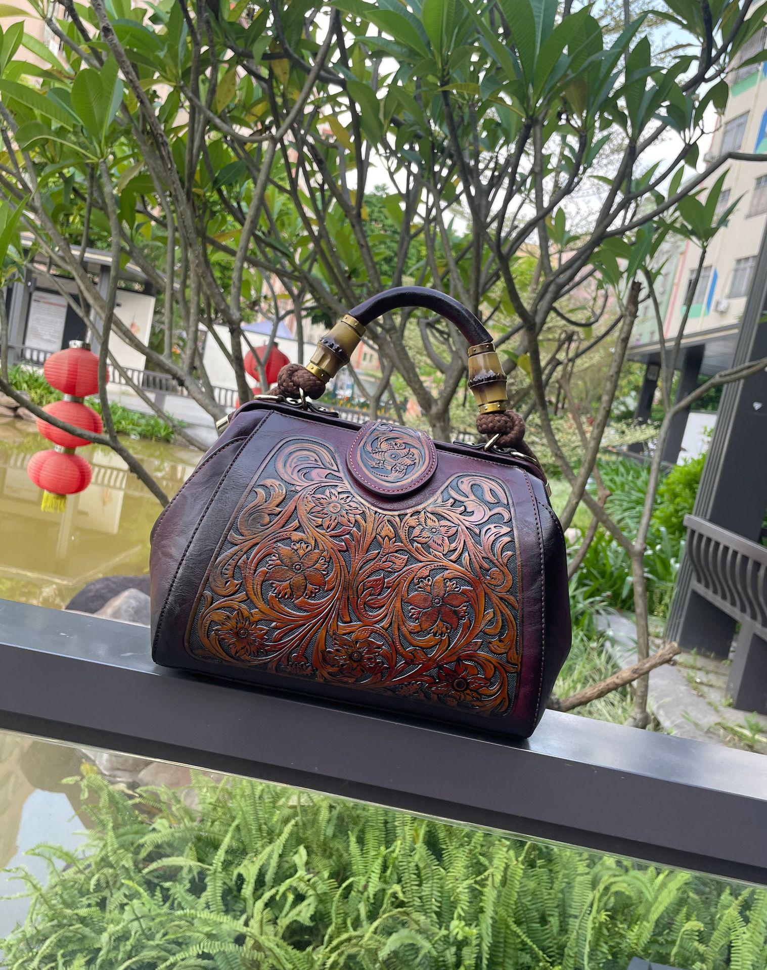 Johnature Luxury Handbag 2022 Autumn New Vintage Handmade Leather Carved Women Bag Versatile Female Shoulder &amp; Crossbody Bags - Executive-Skincare