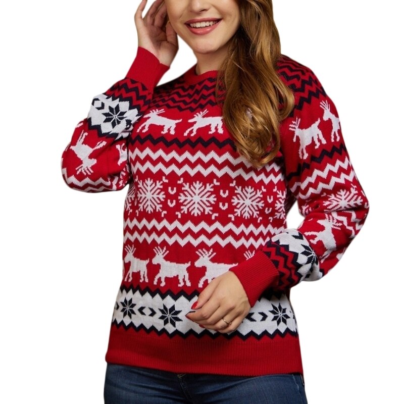 Women Men Christmas Sweater Reindeer Jacquard Knitwear Casual O-Neck Jumpers Top - Executive-Skincare