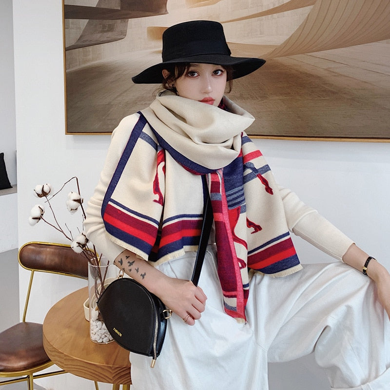 Luxury Horse Print Scarf Women Cashmere Winter Warm Scarves Brand Pashmina Shawls Lady Wraps Bufanda Thick Bandana - Executive-Skincare