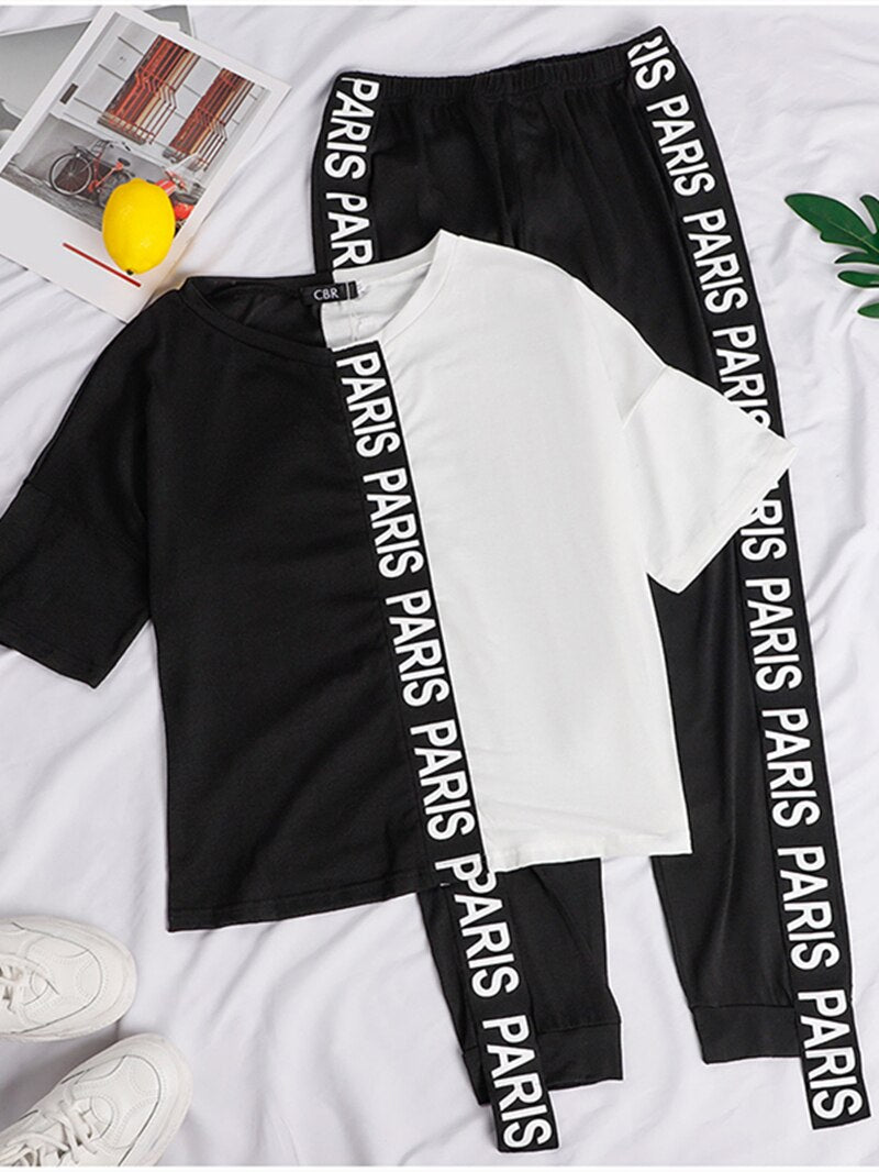 Off Shoulder Tracksuit Women Two Piece Set Summer Clothes Letter Print Colorblock Tshirt Top Long Pants Suit Women Set Outfits - Executive-Skincare