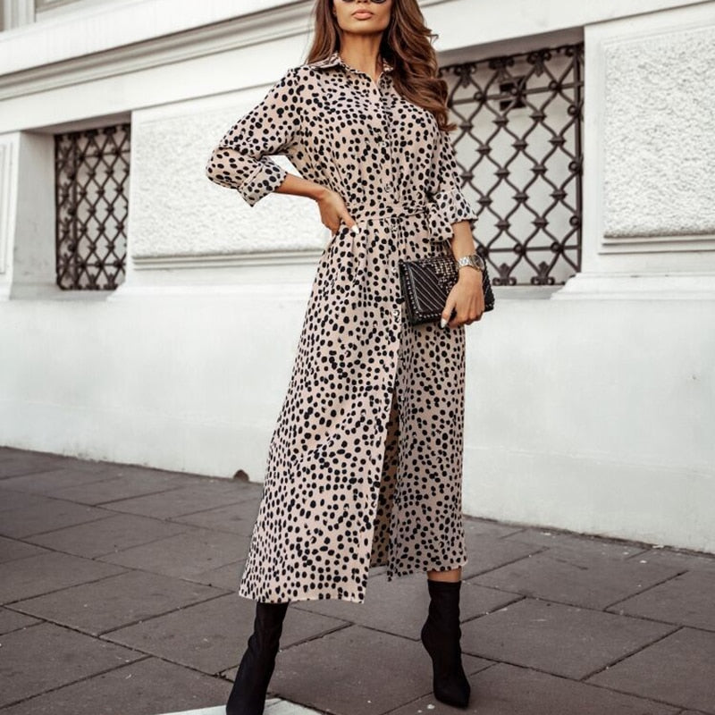 2022 Y2K Spring Autumn Women&#39;s Elegant Dress Fashion V-Neck Polka Dot Print Three-Quarter Sleeve Lace-Up Slit Midi Dress Vestido - Executive-Skincare