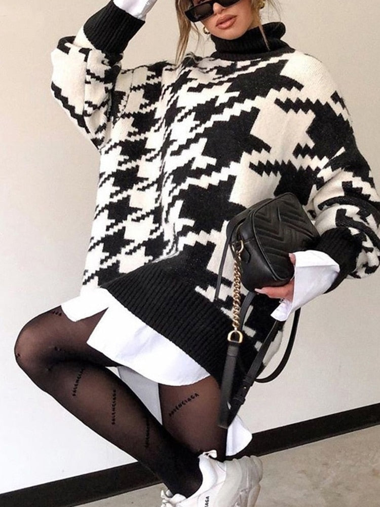 Long Sweater Dress Autumn Winter Fashion Houndstooth Black Turtleneck Long Sleeve Knit Pullover Tops Clothes For Women 2022 Fall - Executive-Skincare