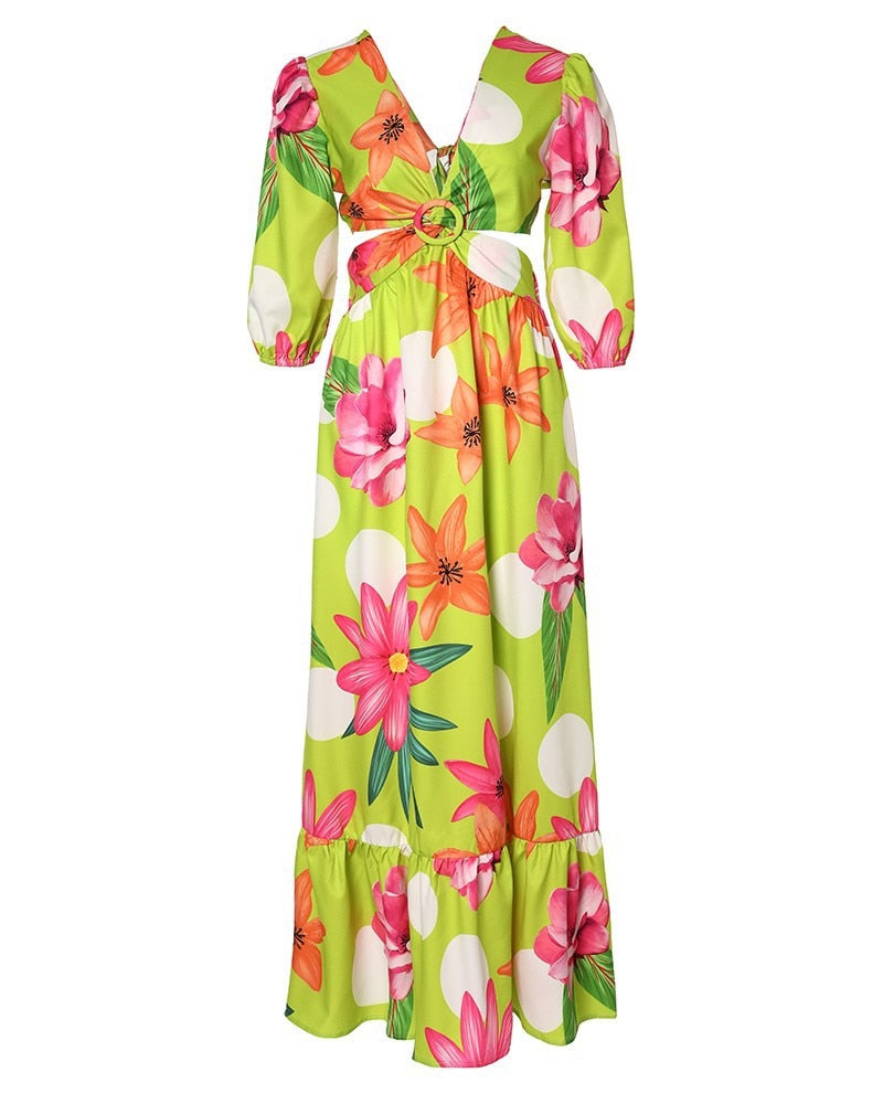 2022 Spring Women Long Sleeved Cutout V-Neck Twist Summer Elegant Tie Dyed Floral Printed Lantern Sleeve Split Thigh Maxi Dress - Executive-Skincare