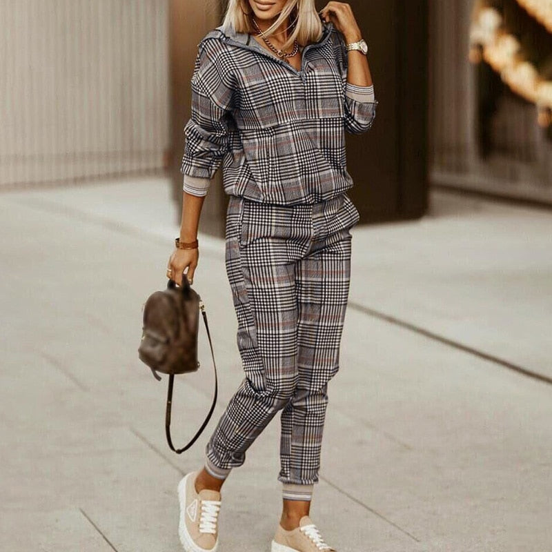 Hooded Long Sleeve Spring Autumn Pants Suit Women Print Tops Loose Pants Two Piece Set Vintage Patchwork Pockets Office Lady Set - Executive-Skincare