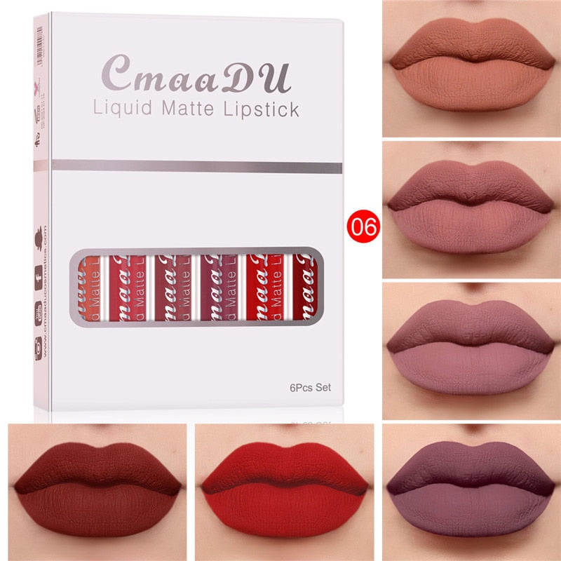 6 Colors/Set Fashion Matte Lip Gloss Sets Natural Moisturize Waterproof Lasting Velvet Sexy Red Liquid Lipstick Beauty Cosmetic - Executive-Skincare