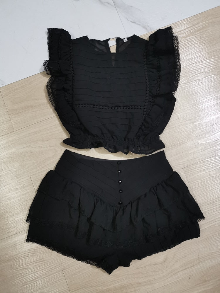 High Quality 2022 Sunday Set elastic waistband Cropped top with ruffle detail and cute ruffle mini shorts skirts - Executive-Skincare