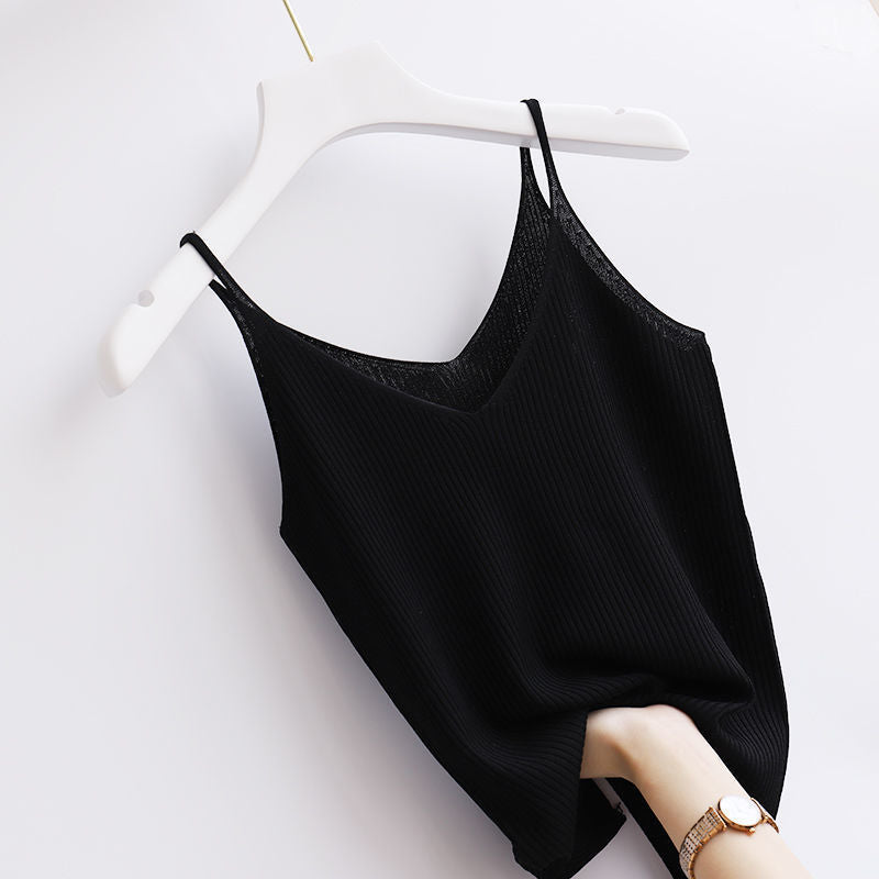 YEMOGGY Ice Silk Knit Camisole for Women Summer Tops 2022 New Solid V-Neck Skinny Elastic Knitted Suspender Camis Women&#39;s Tanks - Executive-Skincare