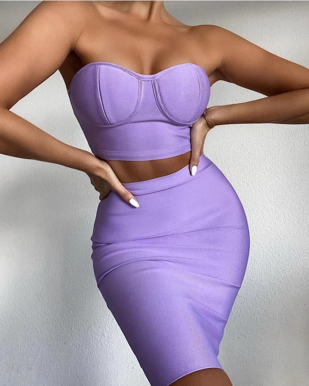 Top Quality Purple Celebrity Two Pieces Set Strapless Knee Length Rayon Bandage Dress Cocktail Party Dress Vestidos - Executive-Skincare