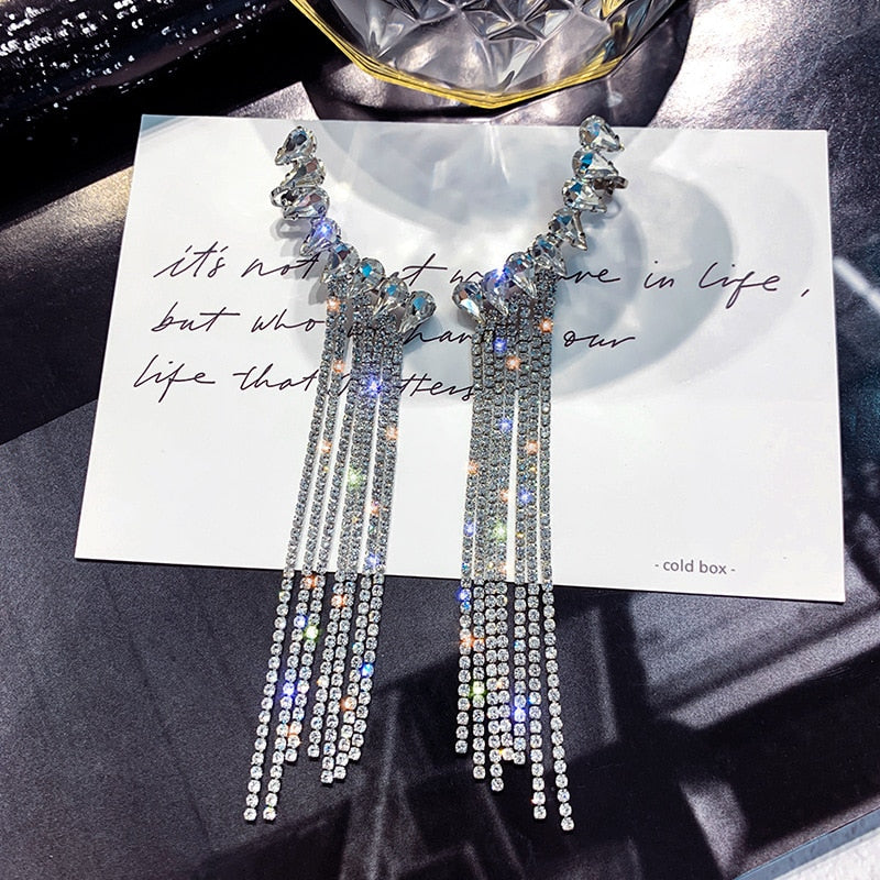 New Long Crystal Tassel Drop Earrings for Women Rhinestone Shiny Hanging Dangle Earrings Wedding Party Jewelry Gift 2022 - Executive-Skincare