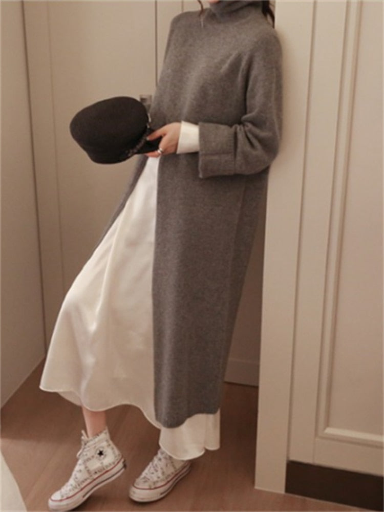 Women Dress Sweater Women Dress Thick Winter Fall Long Sleeve Knitted Dresses Maxi Vintage Oversize Knitting Turtleneck Black - Executive-Skincare