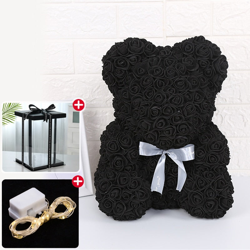 Rose Bear Artificial Flower With Box and Light Rose Teddy Bear Wedding Decor Christmas Women Valentines Girlfriend Birthday Gift - Executive-Skincare