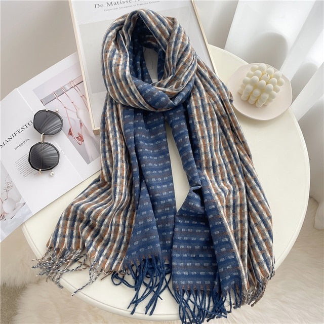 Luxury Plaid Scarf Winter Warm Cashmere Women Long Pashmina Foulard Female Scarves Lady Tassel Shawl Wraps 2022 Design New - Executive-Skincare