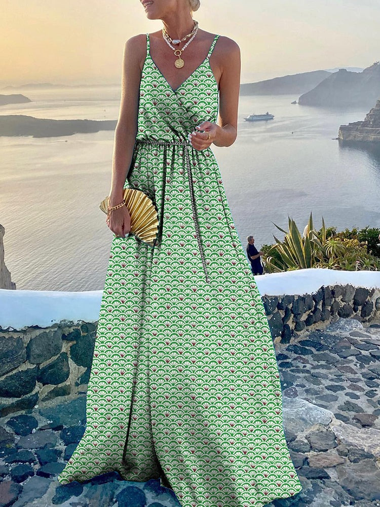 Fashion Retro Printed Sleeveless Sling Holiday Dress Women High Waist Elegant Maxi Dresses 2022 Summer V Neck Party Long Dress - Executive-Skincare