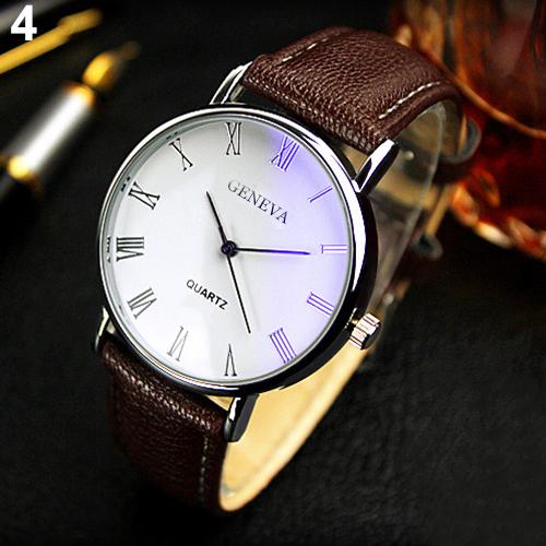 Men Watch Roman Numerals Blu-Ray Faux Leather Band Quartz Analog Business Wrist Watch - Executive-Skincare