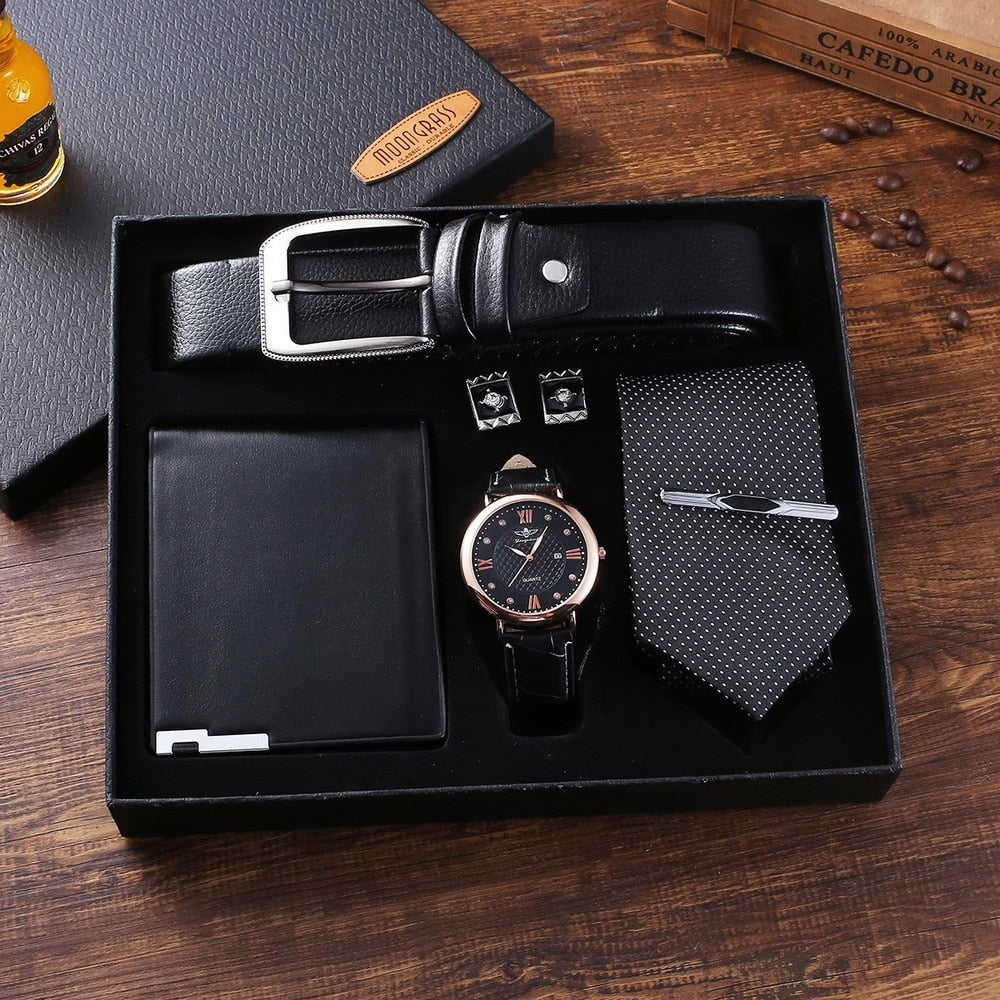 New 5Pcs/Set Luxury Watch for Men Fashion Gift Box Mens Watches Set Male Belt Wallet Cufflinks Tie Wristwatch Set Christmas Gift - Executive-Skincare