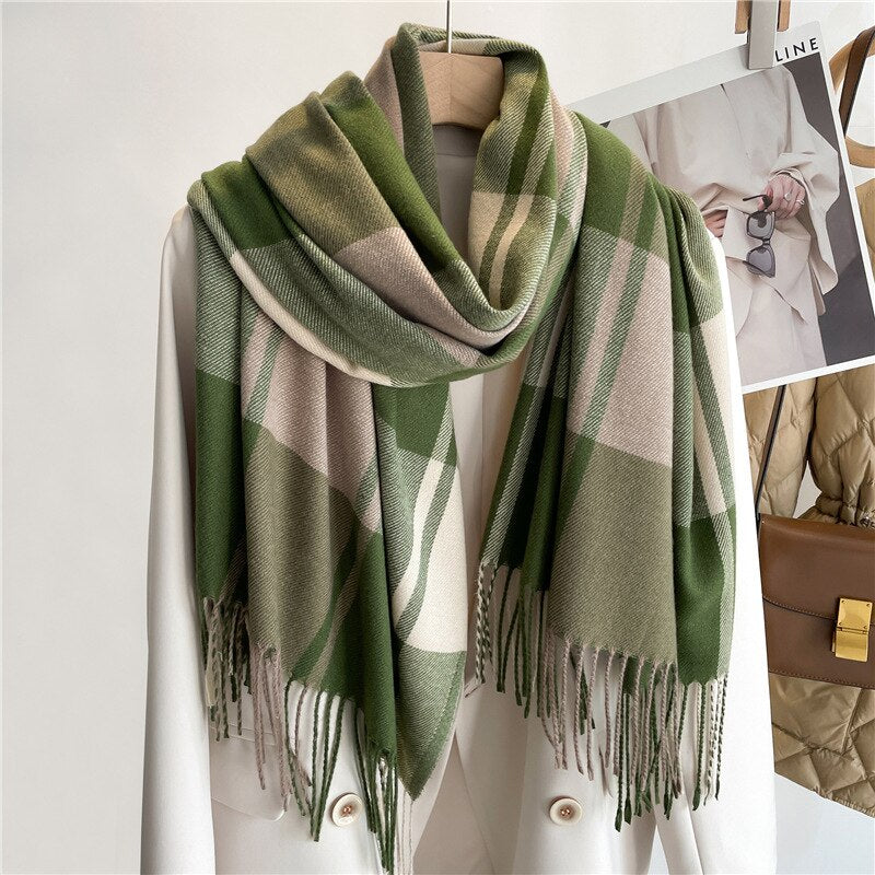 Luxury Brand Winter Plaid Women&#39;s Cashmere Scarf Warm Shawls and Wraps Thicked Wool Pashmina Female Blanket Scarves - Executive-Skincare