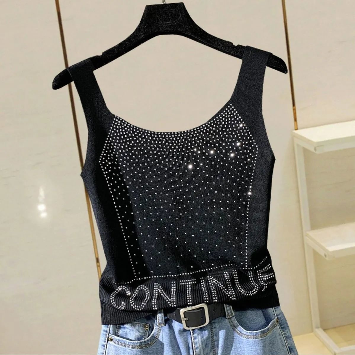 Small Women Summer Heavy Industry Hot Drill Vest Thin Ice Silk Knitted Bottomed Y2k Fashion Crop Tops Slim Mini Tank Tops - Executive-Skincare