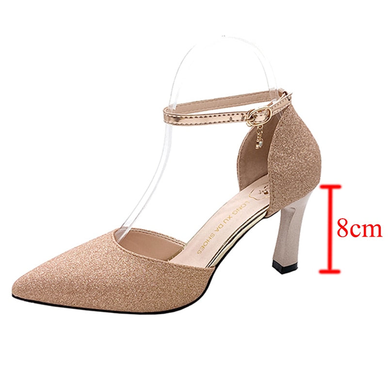 ZOKI Bling Gold Silver Women&#39;s Pumps 2022 Sexy Point Toe Thin Heel Party Wedding Shoes Woman Summer Ankle Strap High Heels Shoes - Executive-Skincare