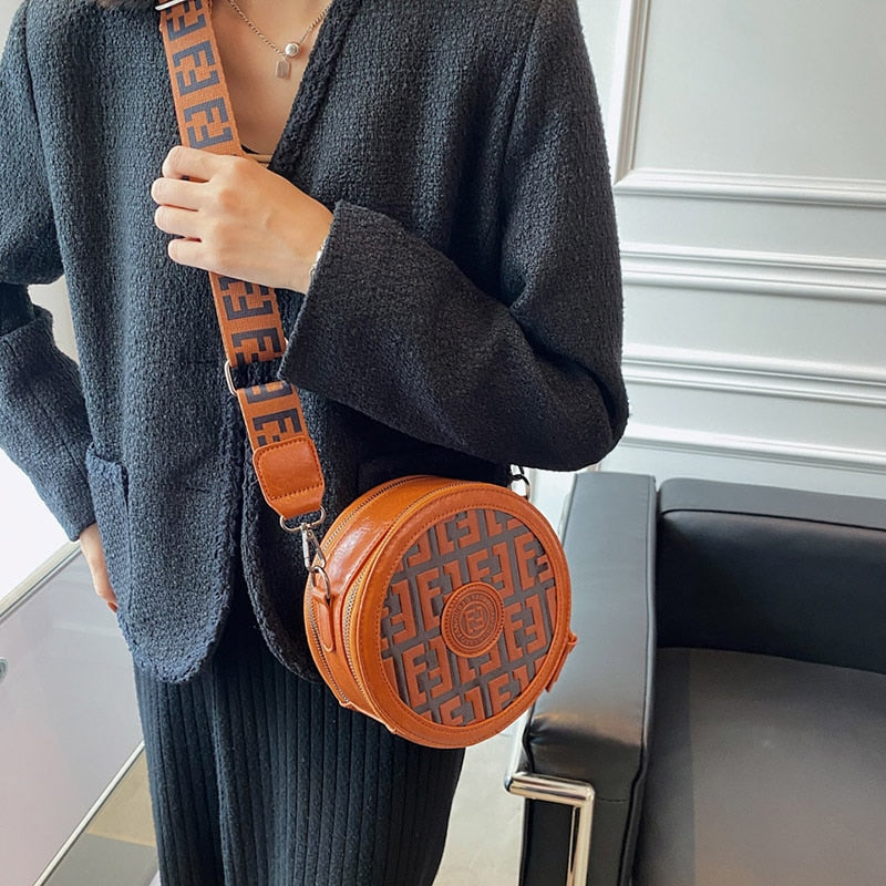 New Female Crosssbody Shoulder Bag Luxury Brand Pattern Pu Leather Shoulder Bags for Women Wide Strap Totes Round Messenger Bag - Executive-Skincare