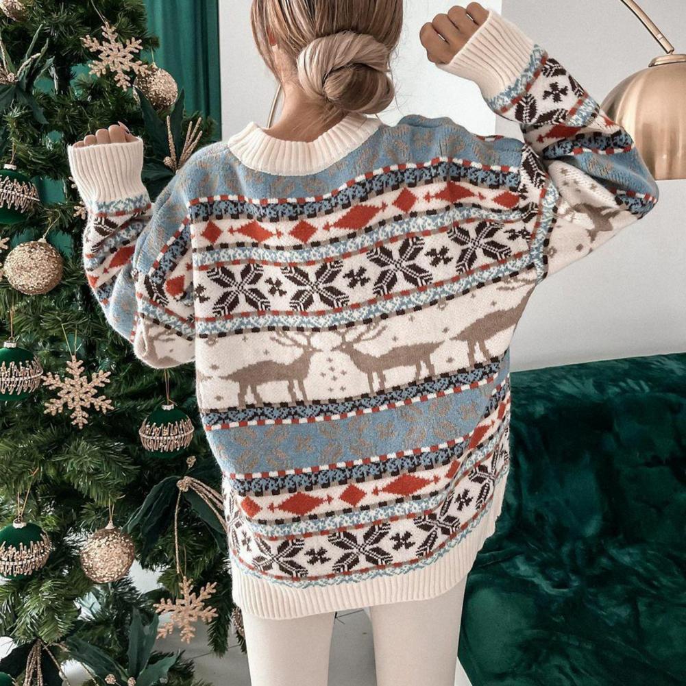 Christmas Jacquard Sweater Pullovers O-Neck Long Sleeve Ribbed Trim Reindeer Snowflake Striped Print Xmas Sweater Knitwear - Executive-Skincare