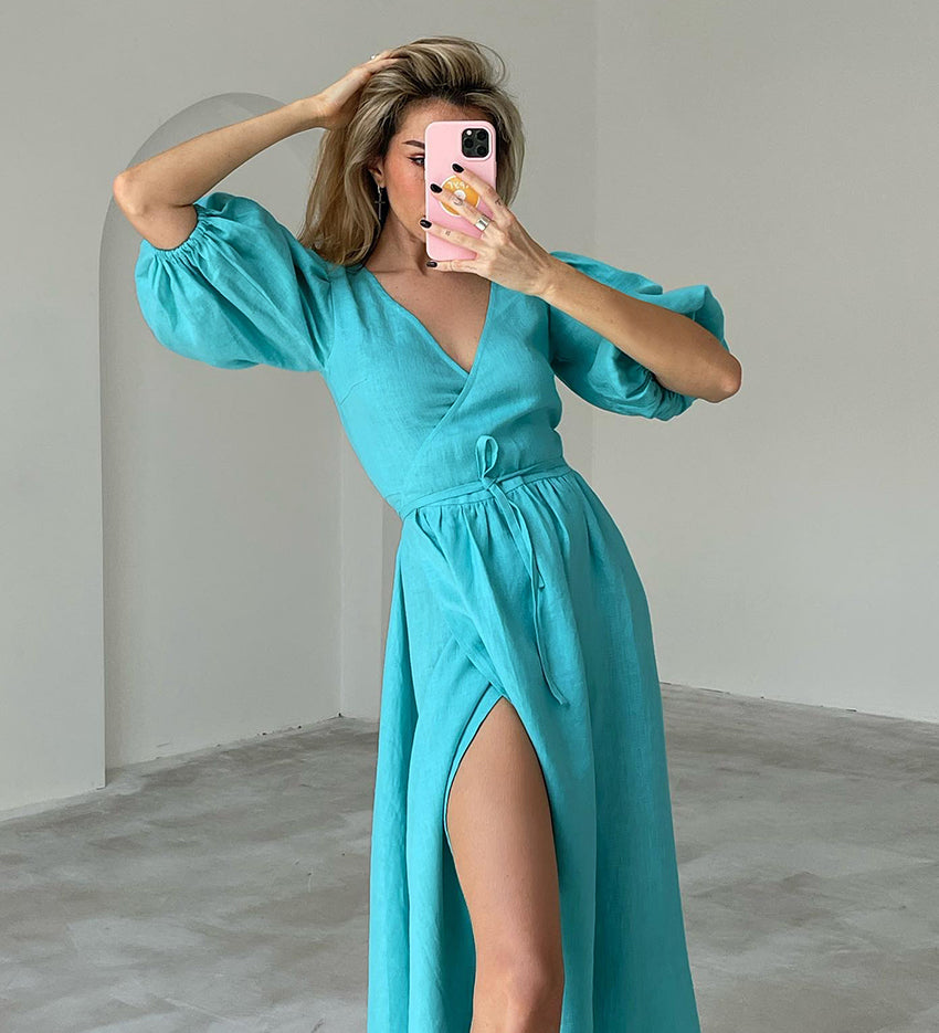 V-Neck Puff Sleeve Split Midi Dress - Executive-Skincare