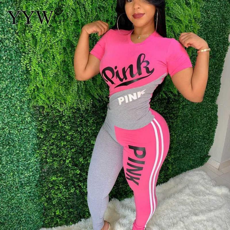 2022 New Tracksuit For Women Pink Letter Print Two Piece Sets Casual 2 PCS Outfits Short Sleeve T Shirt Pants Suits Matching Set - Executive Quality Store