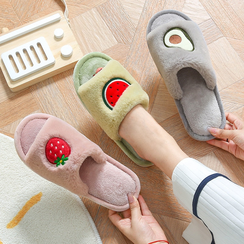 Winter Fur House Women Slippers Cute Cartoon Fruit Avocado Strawberry Bedroom Couples Shoes Warm Plush Ladies Furry Slides - Executive-Skincare