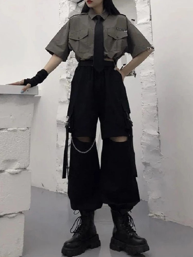 HOUZHOU Gothic Streetwear Women&#39;s Cargo Pants with Chain Punk Techwear Black Oversize Korean Fashion Wide Leg Trousers 2021 Alt - Executive Quality Store