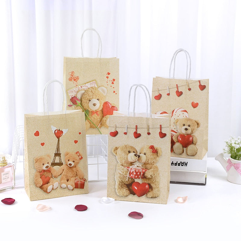 5pcs Love Heart Bear Kraft Paper Bags Valentines Day Gift Packaging Anniversary Wedding Cookie Candy Bag Birthday Party Supplies - Executive-Skincare