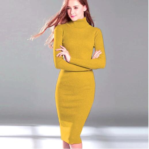 New Autumn Winter Women Knitted Dress Turtleneck Sweater Dresses Lady Slim Bodycon Long Sleeve Bottoming Dress Vestidos PP003 - Executive-Skincare