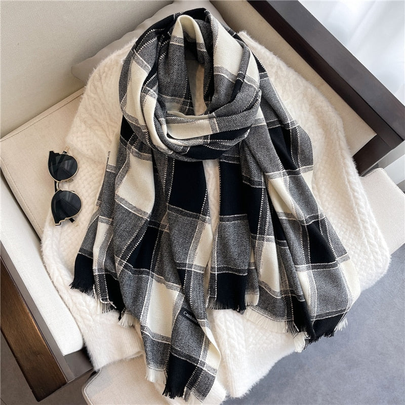 Luxury Plaid Scarf Winter Warm Cashmere Women Long Pashmina Foulard Female Scarves Lady Tassel Shawl Wraps 2022 Design New - Executive-Skincare