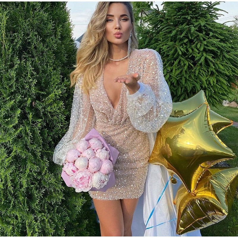 Sexy Sequins Women Party Mini Dress V-Neck Lantern Long Sleeve Female Night Club Evening Dresses Bodycon Short Dress 2022 Summer - Executive-Skincare