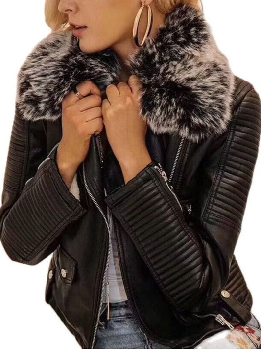 2023 Hot Fashion Women Winter Warm Faux Leather Jackets with Fur Collar Belt Lady Black Pink Motorcycle Biker Outerwear Coats - Executive-Skincare