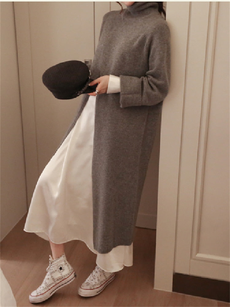 Women Dress Sweater Women Dress Thick Winter Fall Long Sleeve Knitted Dresses Maxi Vintage Oversize Knitting Turtleneck Black - Executive-Skincare