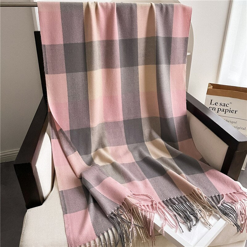 Luxury Brand Winter Plaid Women&#39;s Cashmere Scarf Warm Shawls and Wraps Thicked Wool Pashmina Female Blanket Scarves - Executive-Skincare