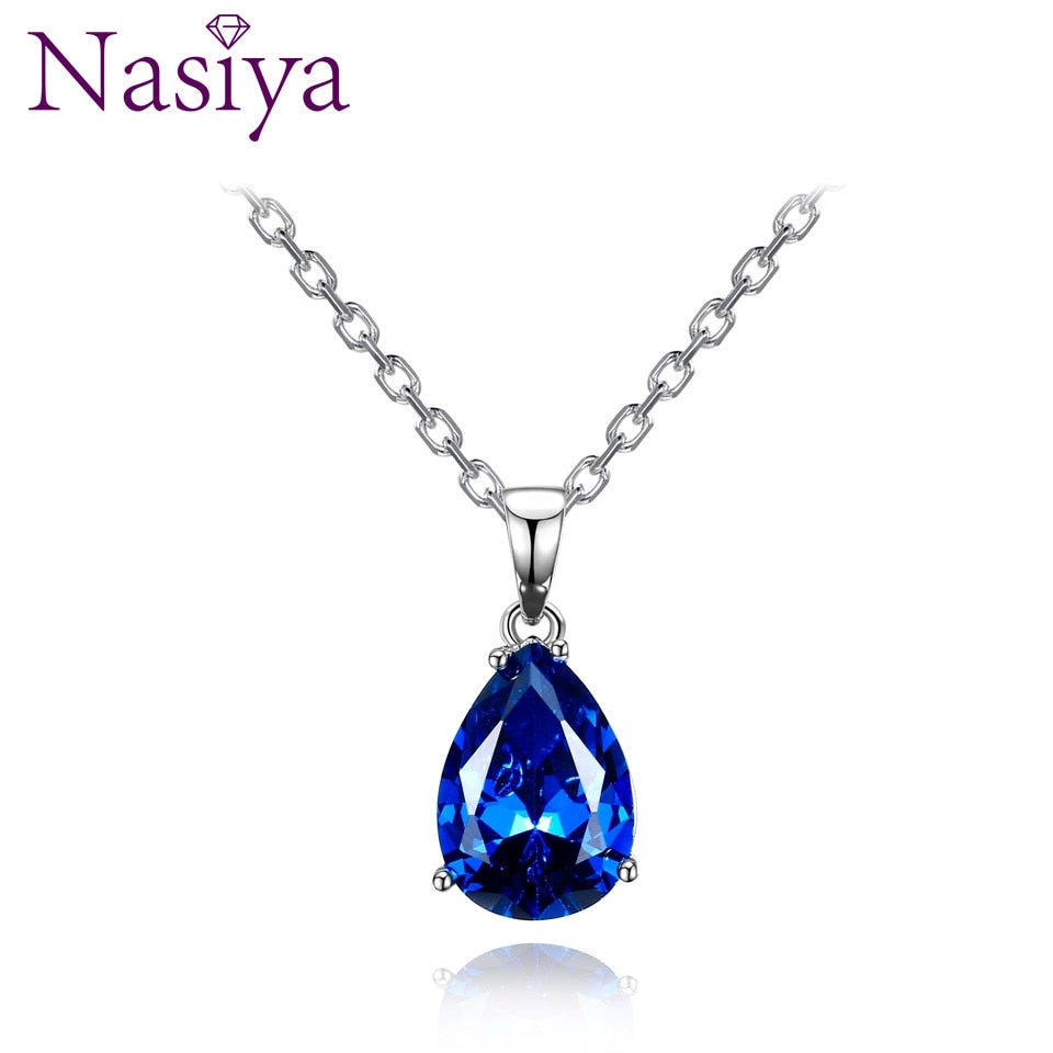 Nasiya Women&#39;s Fashion Necklaces Pendants Aquamarine Blue Sapphire Water Drop Gemstone Party Wedding Jewelry Gift - Executive-Skincare