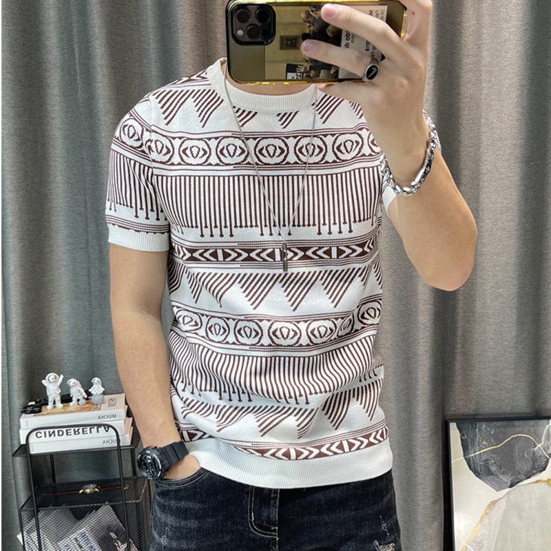 3 Color Short Sleeve Knitting T-Shirt Men Slim Streetwear Color Contrast T Shirt Men Tee Shirt Homme Social Club Outfits Tshirt - Executive-Skincare