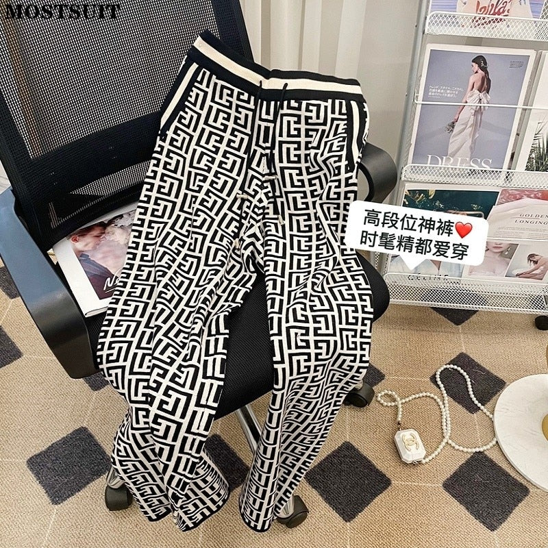 High Waisted Jacquard Knitted Wide Leg Pants Women Chic Vintage Fashion Full-length Trousers Casual Loose Straight Ladies Pants - Executive Quality Store