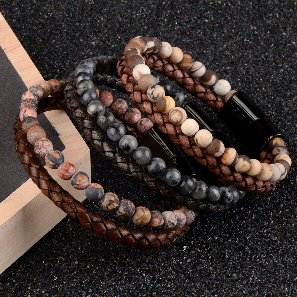 Natural Stone Bracelets Genuine Leather Braided Bracelets Black Stainless Steel Magnetic Clasp Tiger eye Bead Bangle Men Jewelry - Executive-Skincare