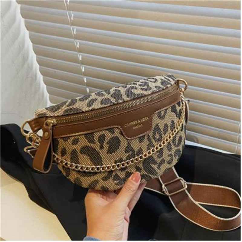 New Fashion Leopard Women Waist Bag Female Phone Purses Ladies Chest Wide Strap Crossbody Shoulder Bags Small Chain Fanny Packs - Executive-Skincare