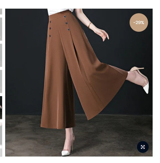 All-match Drape Button Solid Color Bigfoot Nine Point Jilt Trousers Female Summer Casual Pockets Loose Wide-legged Pants Skirt - Executive Quality Store