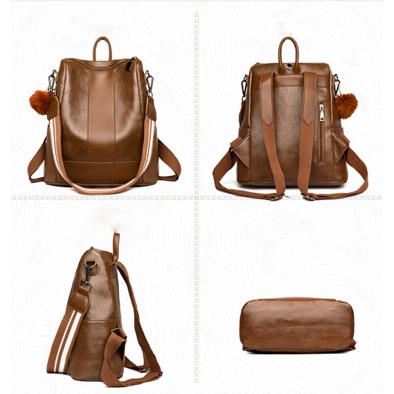 Female Anti-theft Backpack Classic PU Leather Solid Color Backpack Canta Fashion Shoulder Bag Large Capacity School Shoulder Bag - Executive-Skincare