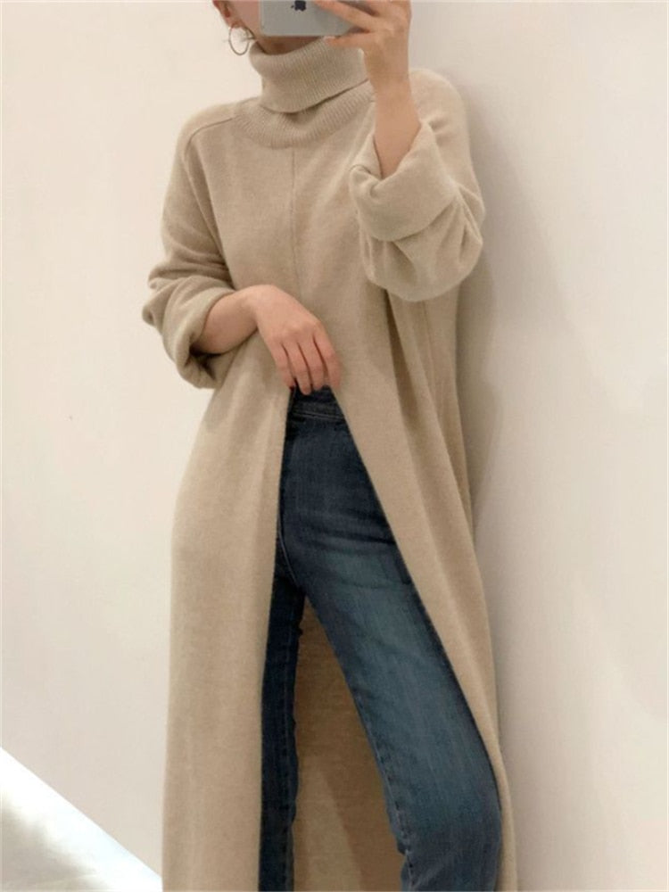 Women Dress Sweater Women Dress Thick Winter Fall Long Sleeve Knitted Dresses Maxi Vintage Oversize Knitting Turtleneck Black - Executive-Skincare