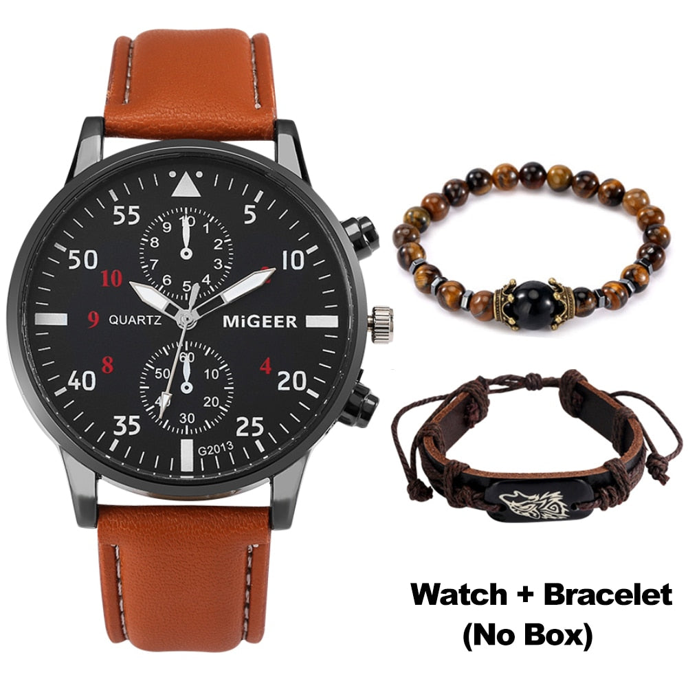 New Male Watch Luxury Bracelet Set Fashion Business Brown Leather Quartz Wrist Watches for Men Gift Set Relogio Masculino - Executive-Skincare