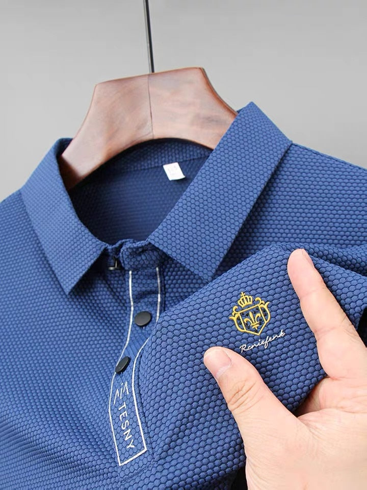 High end breathable smooth T-shirt short sleeve men&#39;s Lapel top 2022 summer exquisite embroidery polo shirt trend men&#39;s clothing - Executive-Skincare