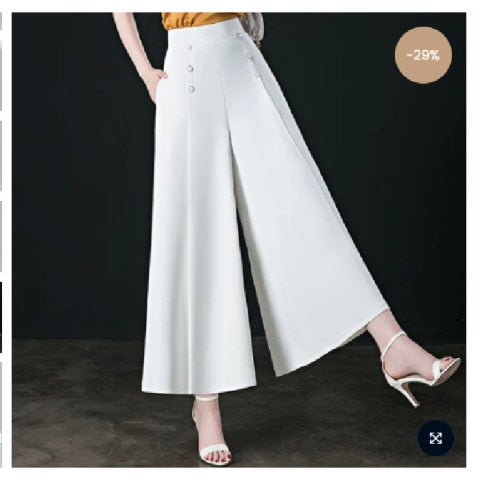 All-match Drape Button Solid Color Bigfoot Nine Point Jilt Trousers Female Summer Casual Pockets Loose Wide-legged Pants Skirt - Executive Quality Store